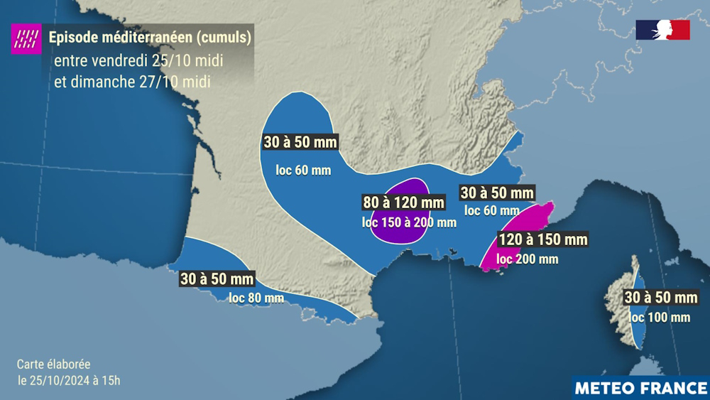 Cumuls de pluie prévus entre vendredi 25 à midi et dimanche 27 octobre 2024 à midi © Météo-France
