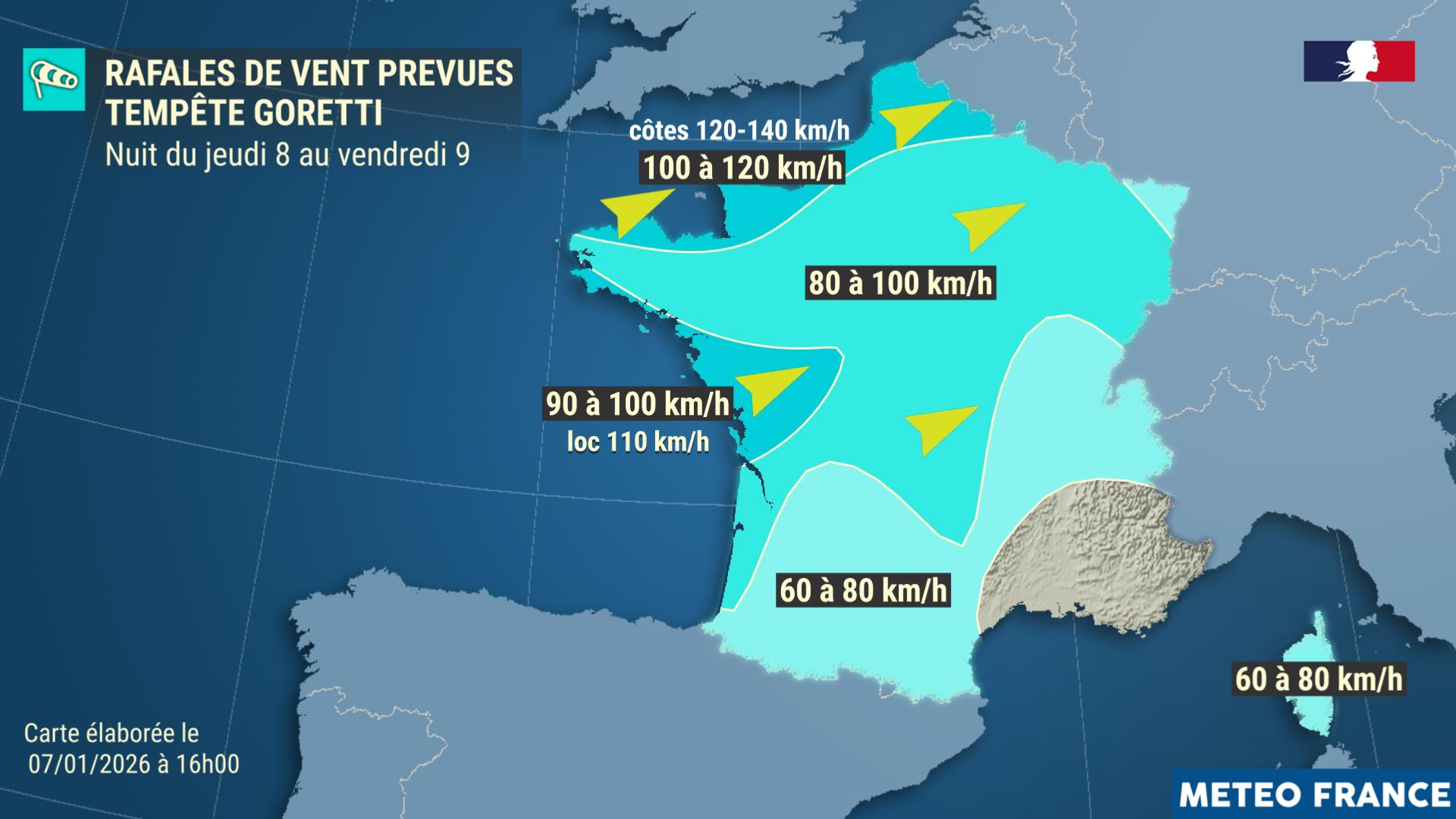 Tempête Goretti : rafales prévues  jeudi 7 et vendredi 8 janvier.