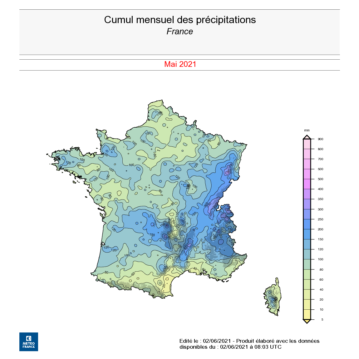 Cumul mensuel des précipitations en France, en mai 2021. © Météo-France.