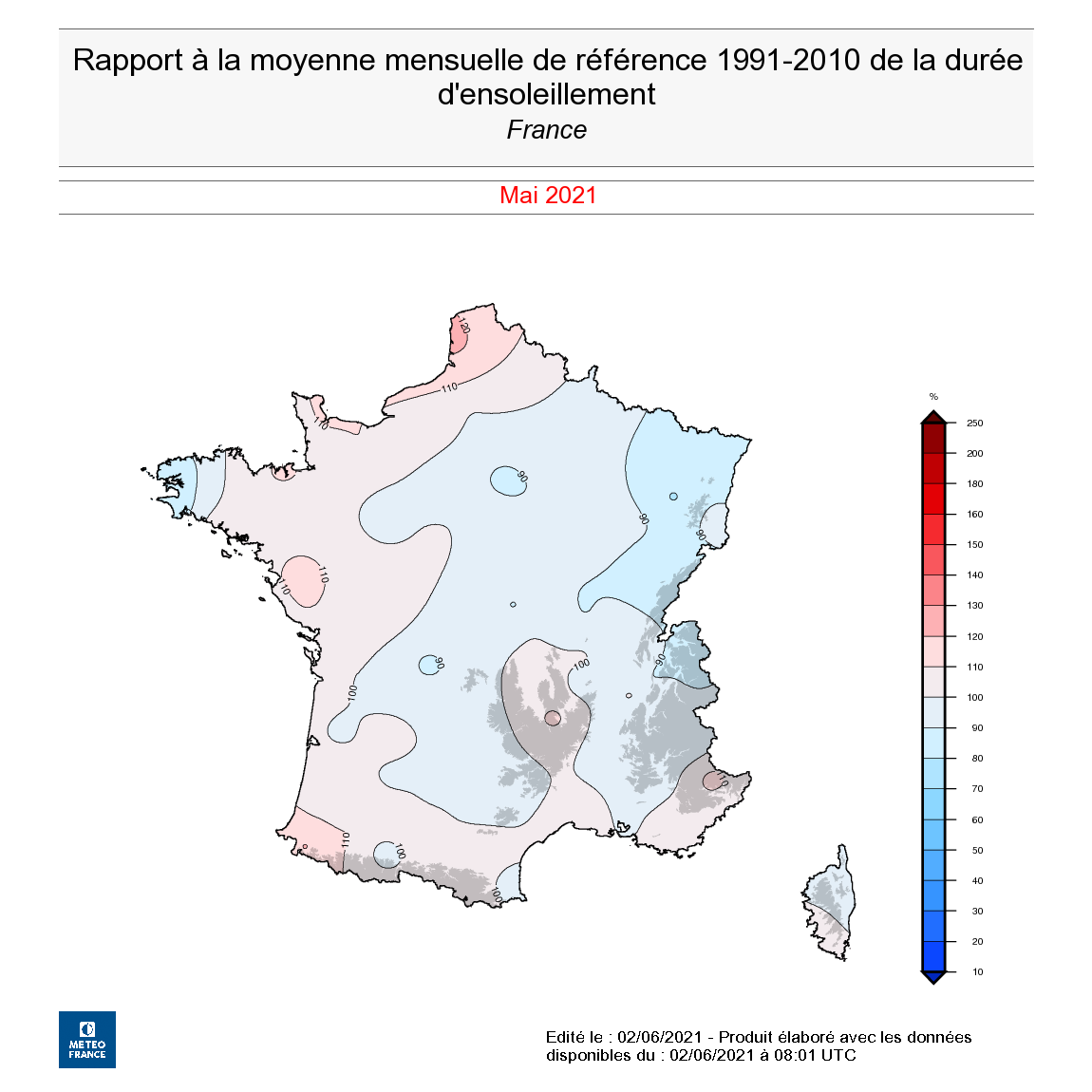 Rapport à la moyenne mensuelle de référence 1991-2010 de la durée d’ensoleillement en France, en mai 2021. © Météo-France.
