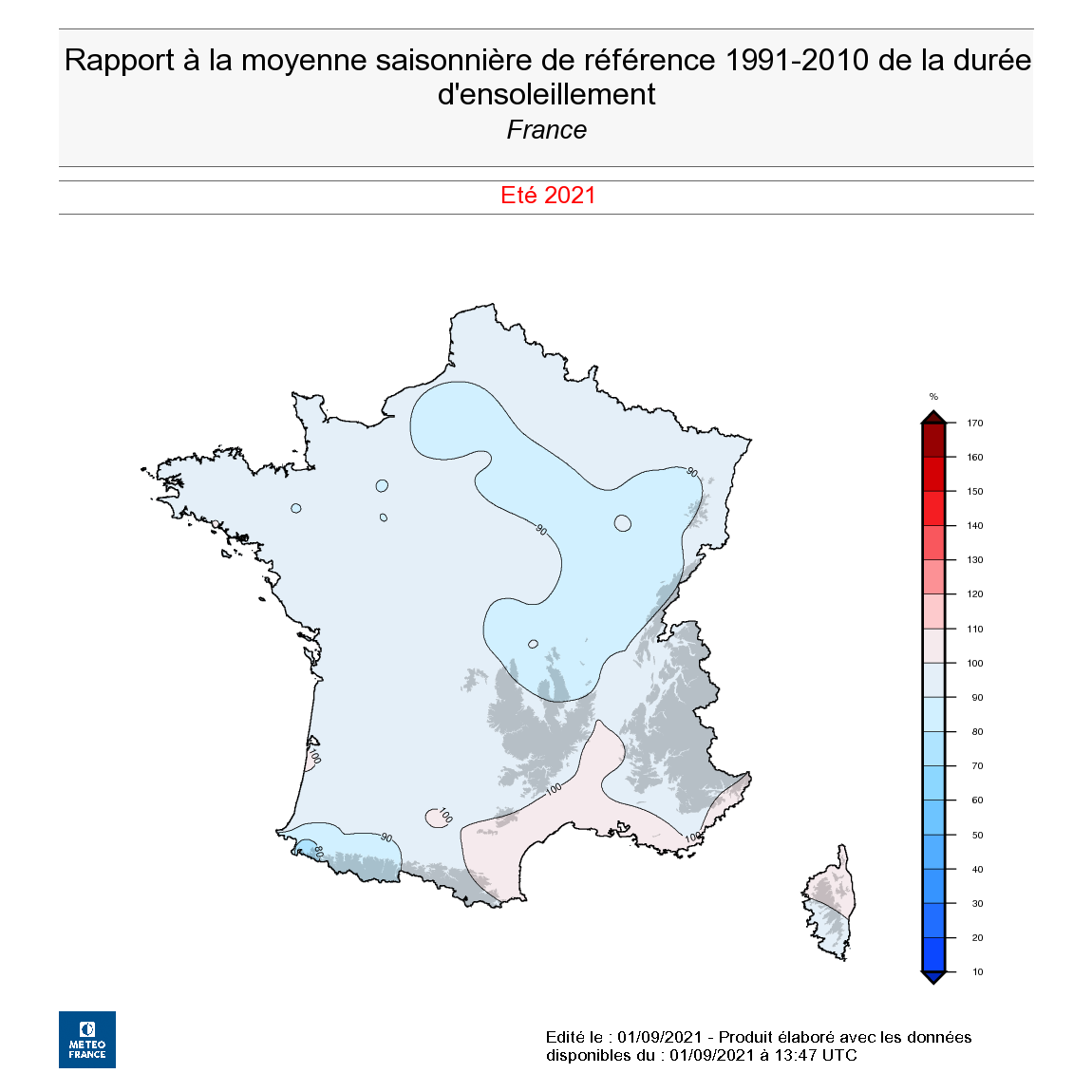 Rapport à la moyenne saisonnière de référence 1991-2010 de la durée d’ensoleillement, été 2021. © Météo-France.