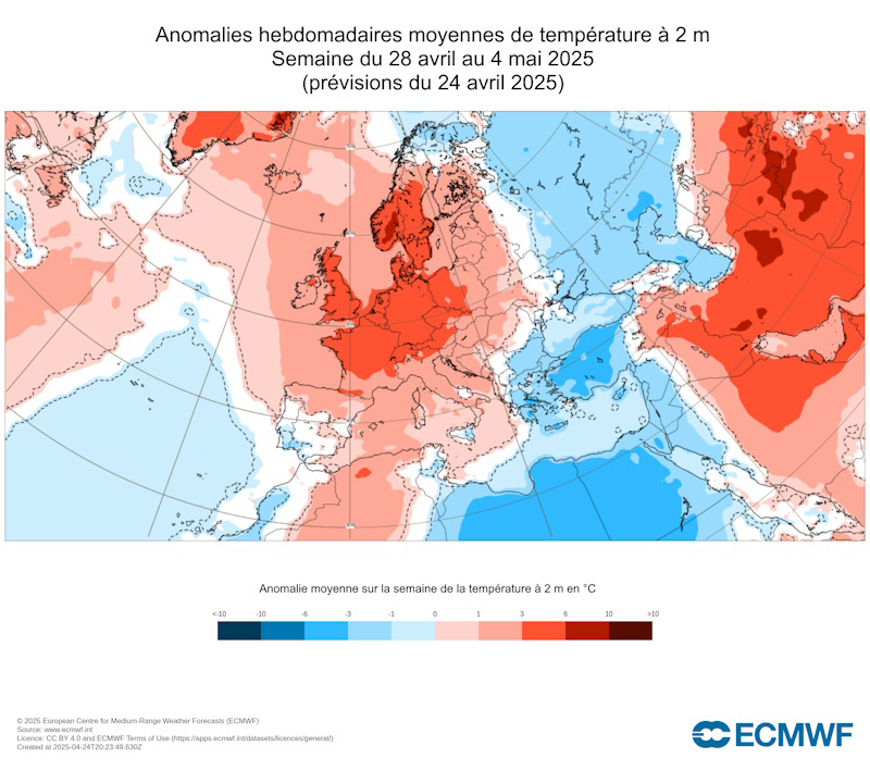 Anomalies température prévues en Europe du 28 avril au 4 mai 2025 @modèle CEPMMT
