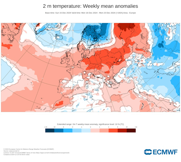 Anomalie des températures prévues du 16 au 22 décembre 2024 @CEPMMT