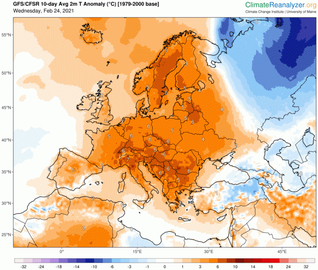 Anomalies de températures prévues par le modèle GFS sur les 10 prochains jours. © ClimateReanaliser.