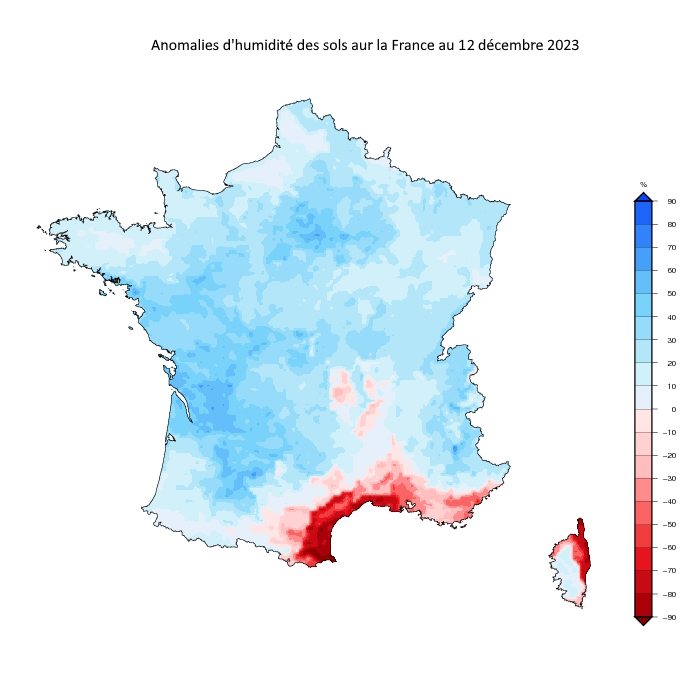 Carte des anomalies d’humidité des sols. Plus il y a de bleu et plus le sol est plus humide que la normale, plus il y a de rouge et plus le sol est plus sec que la normale. © Météo-France