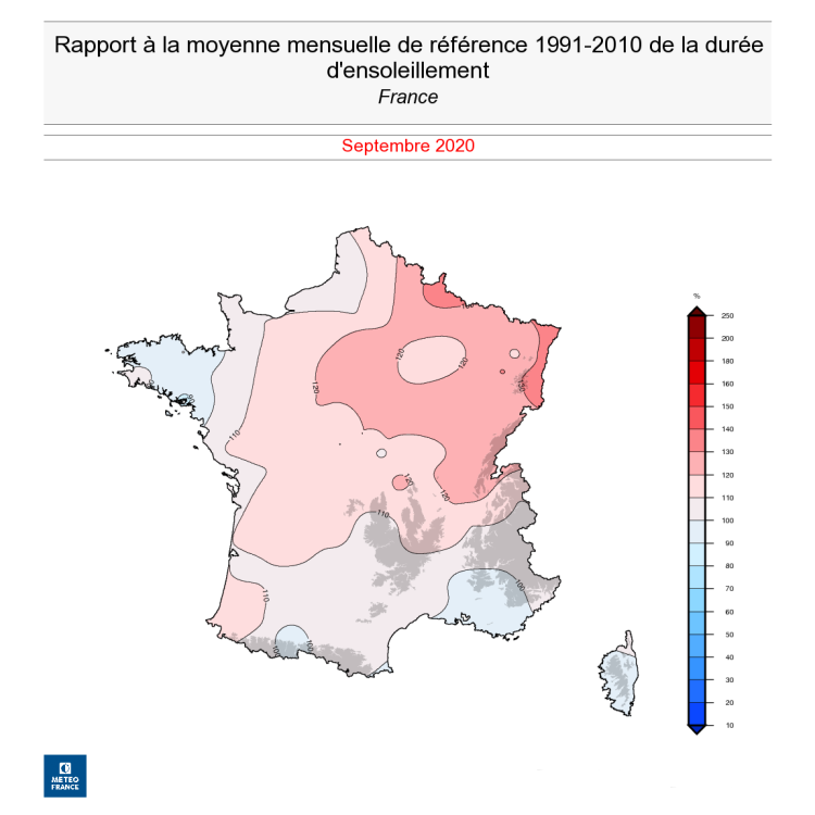 Rapport à la moyenne mensuelle des cumuls de la durée d'ensoleillement - France - septembre 2020 - © Météo-France