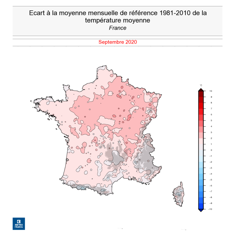 Écart à moyenne mensuelle de la température moyenne, en France, en septembre 2020. © Météo-France.
