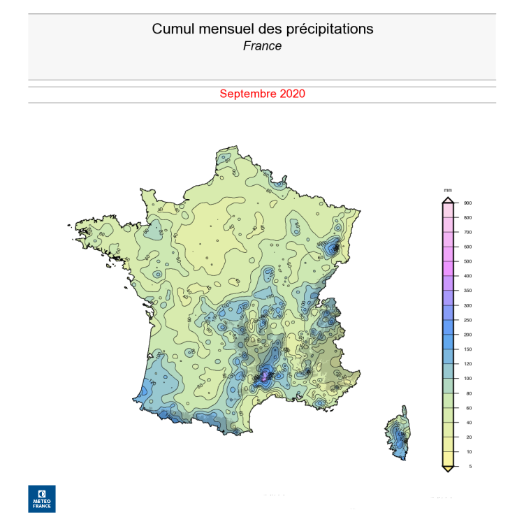 Cumul de précipitations, en France, en septembre 2020. © Météo-France.