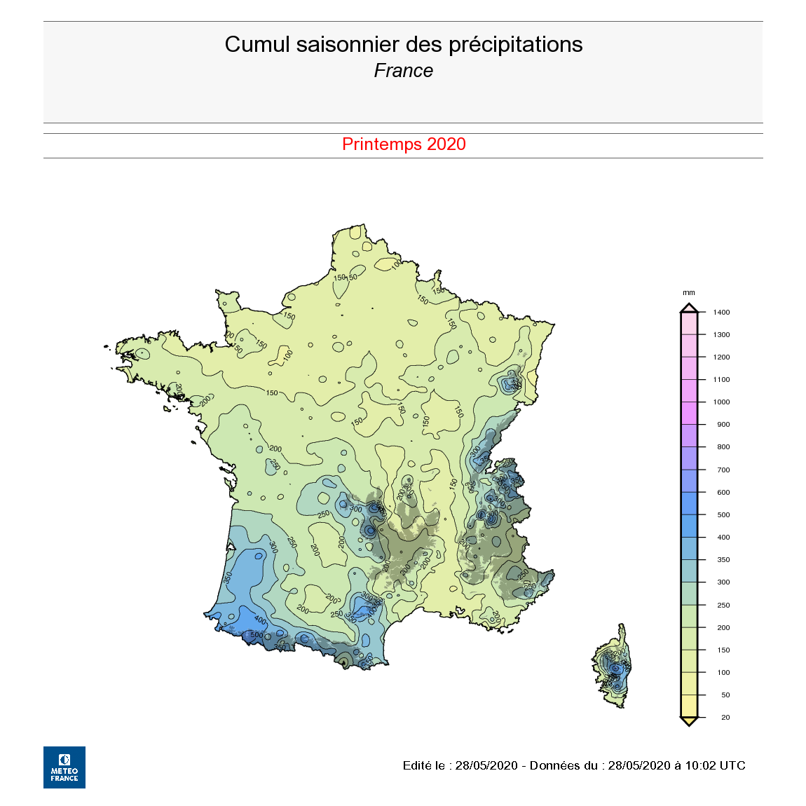 Cumul saisonnier des précipitations - France - Printemps 2020 - © Météo-France