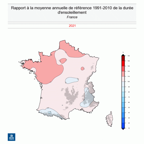 Rapport à la moyenne annuelle de la durée d'ensoleillement sur la France en 2021. © Météo-France.