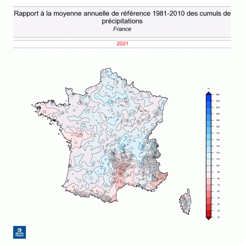 Rapport à la moyenne annuelle des cumuls de précipitations sur la France en 2021. © Météo-France.