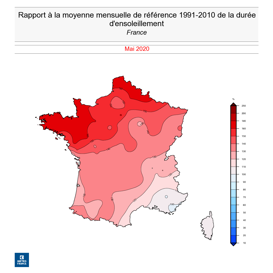 Rapport à la moyenne mensuelle de la durée d'ensoleillement en France au mois de mai 2020 - © Météo-France