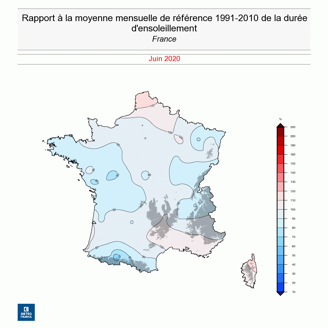 Rapport à la moyenne mensuelle de la durée d'ensoleillement en France en juin 2020 - © Météo-France