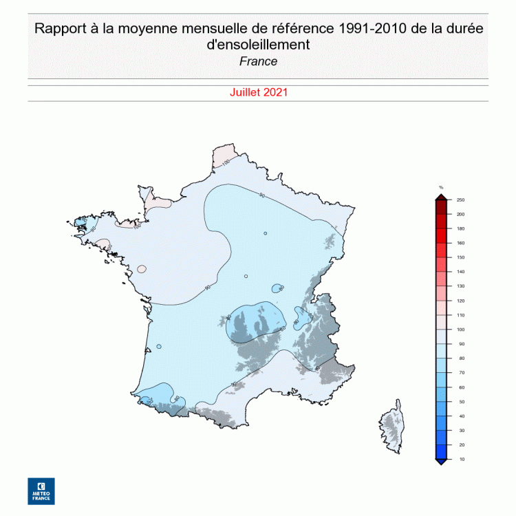 Rapport à la moyenne mensuelle de la durée d'ensoleillement en France - Juillet 2021 - © Météo-France.