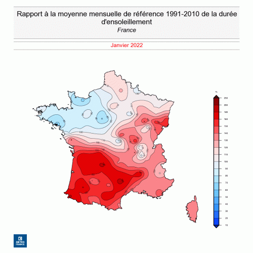 Rapport à la moyenne mensuelle de la durée d'ensoleillement en France en janvier 2022 (du 1er au 26). © Météo-France. 
