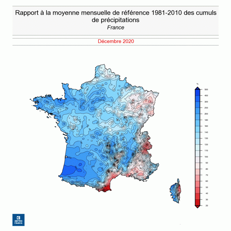 Rapport à la moyenne mensuelle des cumuls de précipitations - France - Décembre 2020 - © Météo-France