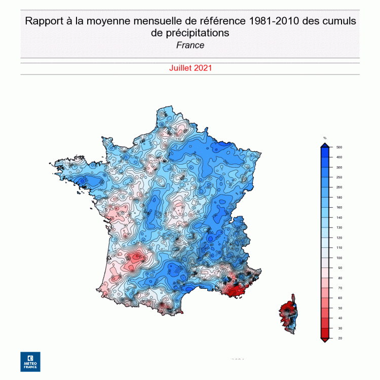 Rapport à la moyenne mensuelle des cumuls de précipitations en France - Juillet 2021 - © Météo-France.