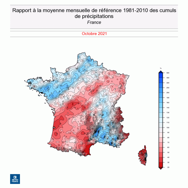 Rapport à la moyenne mensuelle des cumuls de précipitations en France en octobre 2021. © Météo-France.