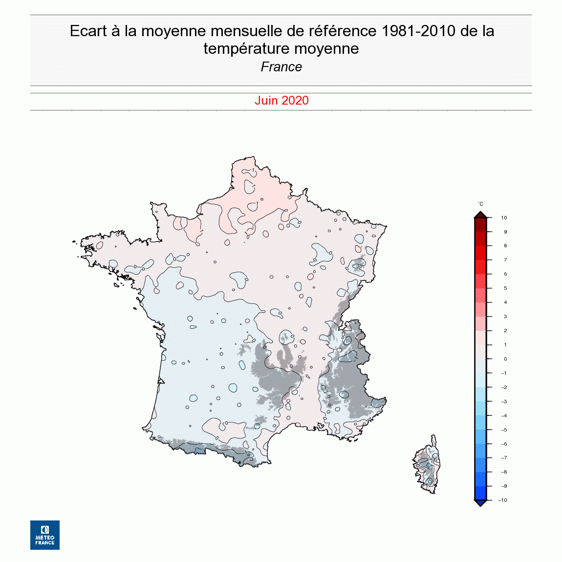 Ecart à la moyenne mensuelle de la température moyenne en France en juin 2020 - © Météo-France