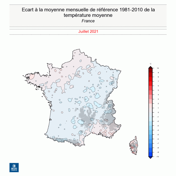 Écart à la normale de la température moyenne en France - Juillet 2021 - © Météo-France.