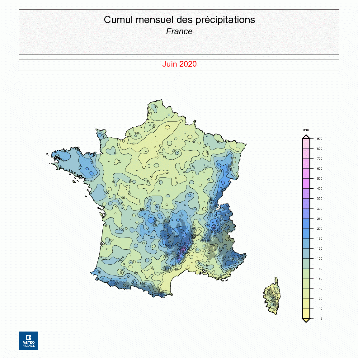 Cumul mensuels des précipitations en France en juin 2020 - © Météo-France