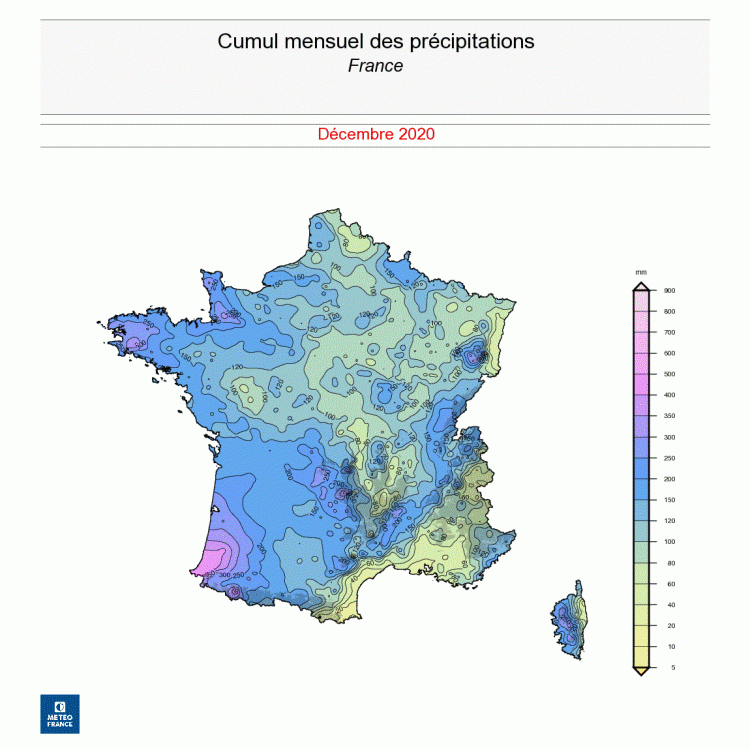 Cumul mensuel des précipitations - France - Décembre 2020 - © Météo-France