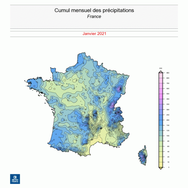 Cumul de précipitations, en France, en janvier 2021. © Météo-France.