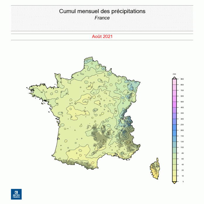 Cumul de précipitations en France en août 2021. © Météo-France.