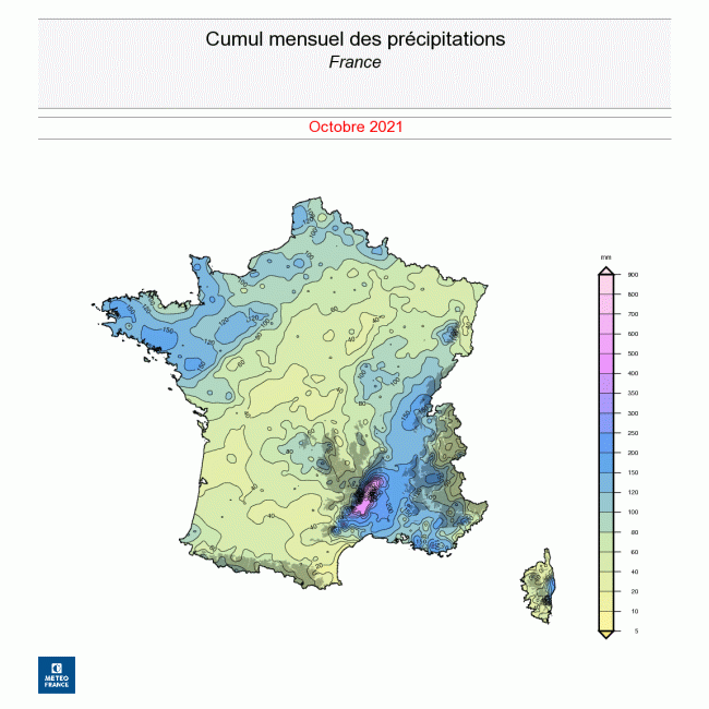 Cumul des précipitations en France en octobre 2021. © Météo-France.