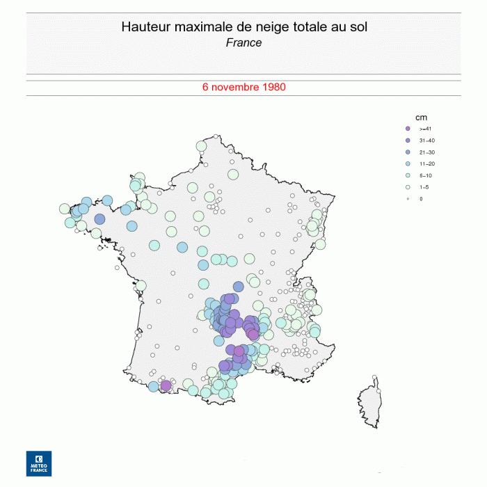 Hauteur maximale de neige au sol en France le 6 novembre 1980 - © Météo-France