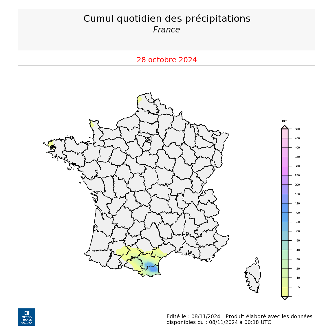Cumul quotidien des précipitations sur la France le 28 octobre 2024 © Météo-France