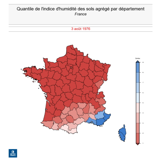 Indice d'humidité des sols agrégé par département le 3 août 1976. © Météo-France