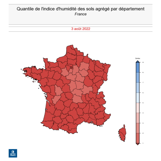 Indice d'humidité des sols agrégé par département le 3 août 2022. © Météo-France