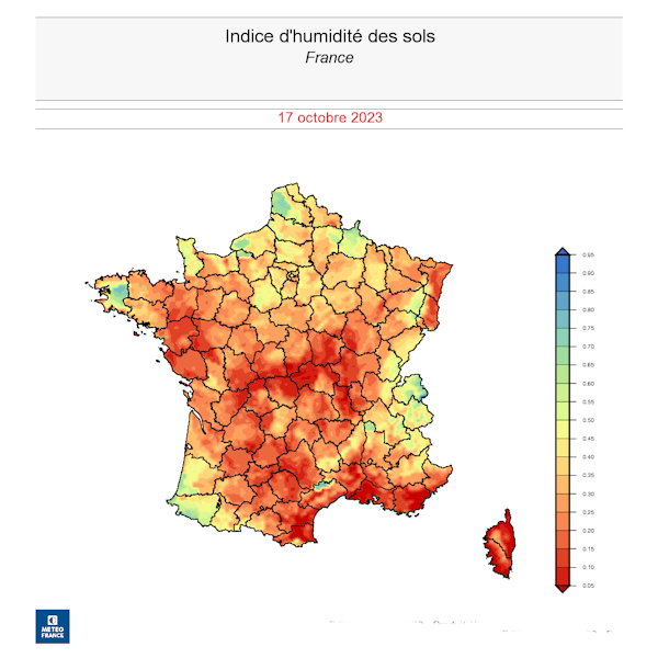 Indice d'humidité des sols sur la France le 17 octobre 2023. © Météo-France.