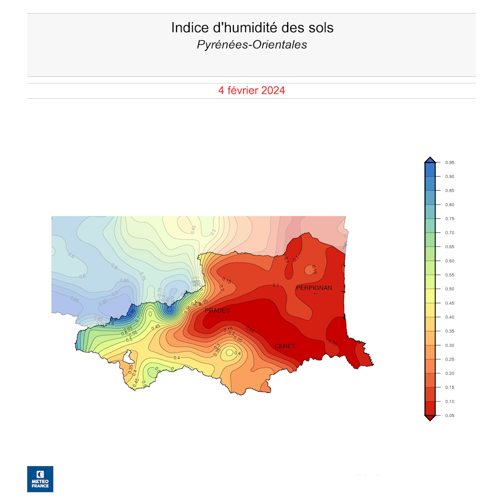 Indice d'humidité des sols sur les Pyrénées-Orientales au 4 février 2024© Météo-France