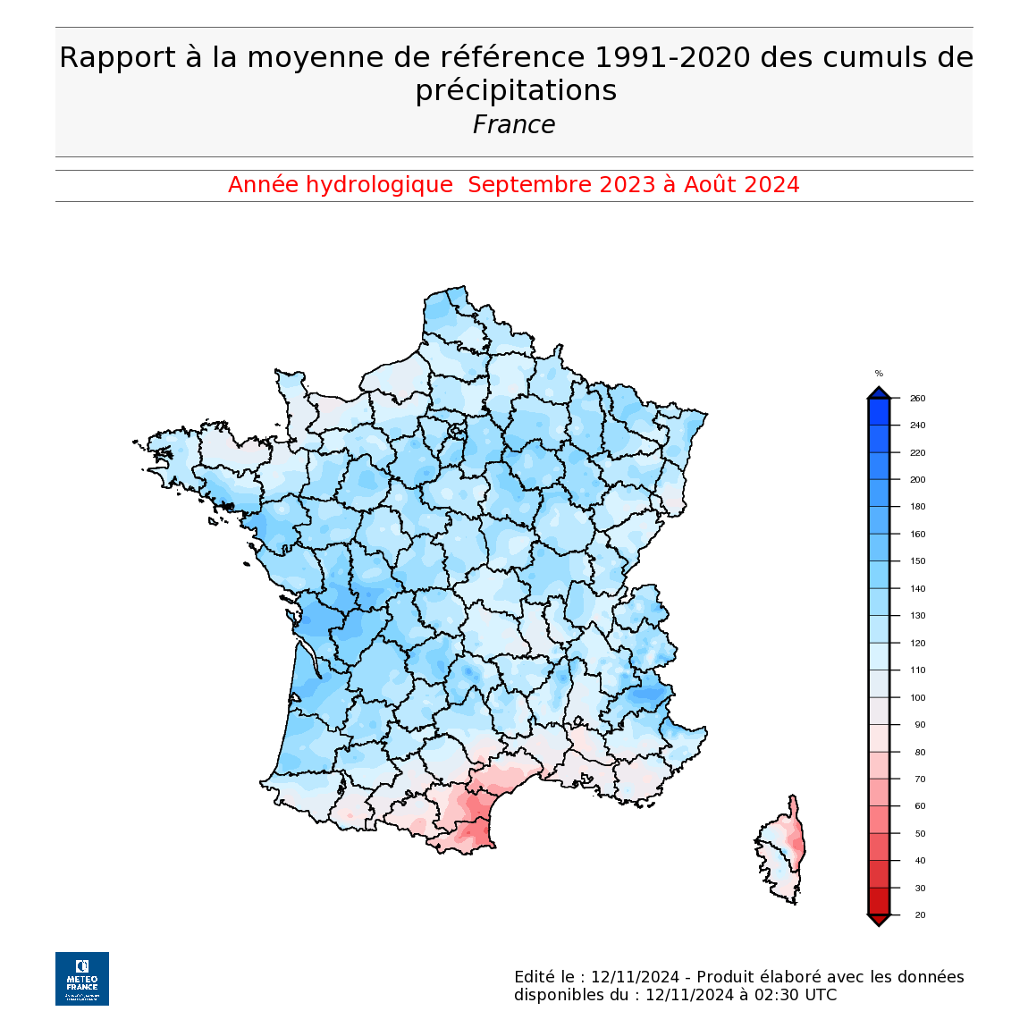 Rapport à la moyenne de référence des cumuls de précipitations en France sur l'année hydrologique de septembre 2023 à août 2024 © Météo-France