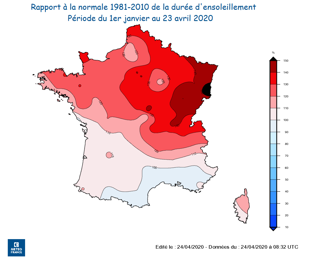 Anomalie de la durée d'ensoleillement du 1er janvier au 23 avril 2020