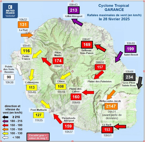 Carte des rafales maximales de vent relevées le 28 février 2025 © Météo-France