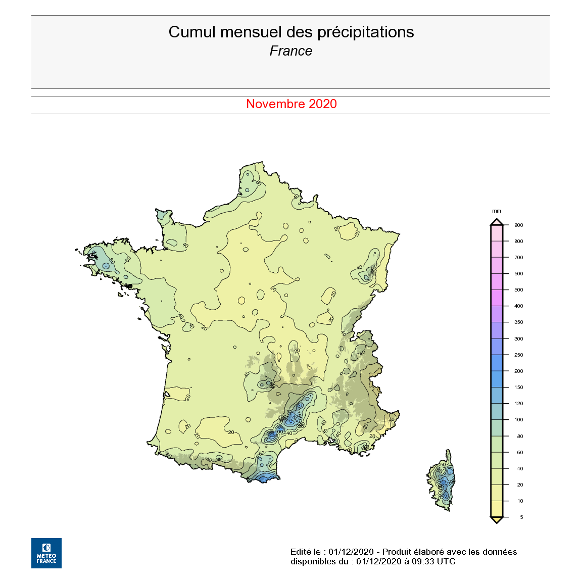 Cumul mensuel des précipitations en France, novembre 2020. © Météo-France.