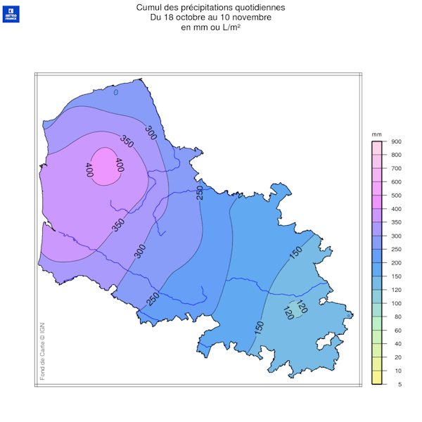 Cumul des précipitations quotidiennes du 18 octobre au 10 novembre 2023 sur le Pas-de-Calais. © Météo-France
