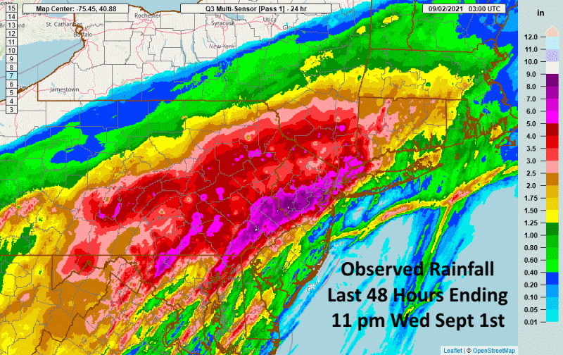 Cumuls de pluie relevés sur la région en 48 heures (1 inch = 24,4 mm).
