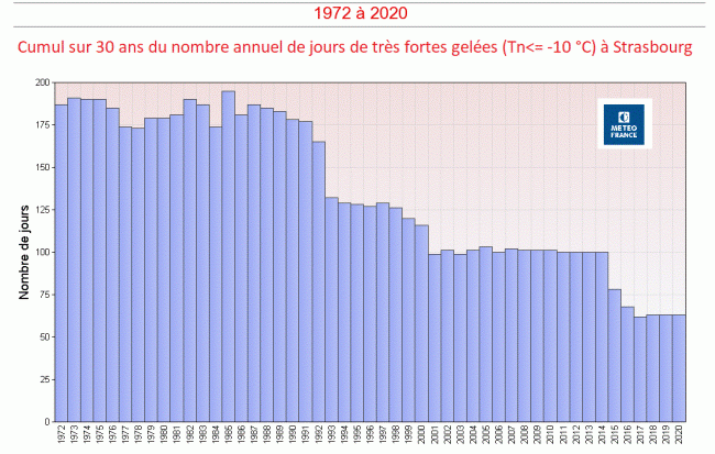 Cumul du nombre de jours de fortes gelées à Strasbourg. © Météo-France.