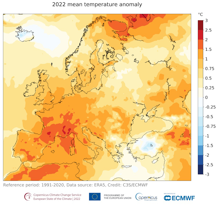 Anomalies de température moyenne sur 2022 sur l'Europe. © CEPMMT