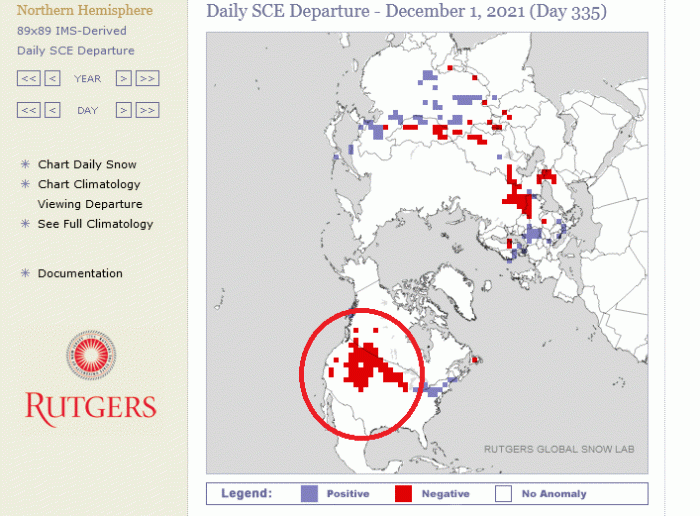 Figure 2 : anomalie de « Snow Cover Extent » (littéralement d’extension de couverture de neige) au 1er décembre 2021. L’Amérique du Nord, et notamment les États-Unis contigus, concentre la plus vaste anomalie en terme de surface enneigée pour la période. © Crédit Global Snow Lab, University Rutgers.