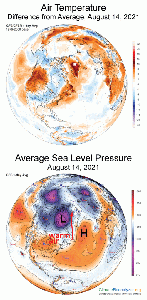Anomalie de température (en haut) et pression réduite au niveau de la mer (en bas) le 14 août 2021. © climatereanalyser.org