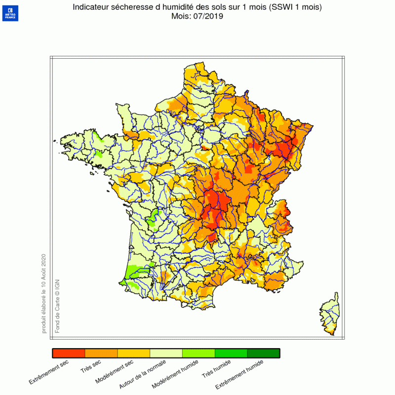Indicateur d'humidité des sols sur la France en juillet 2019 - © Météo-France 