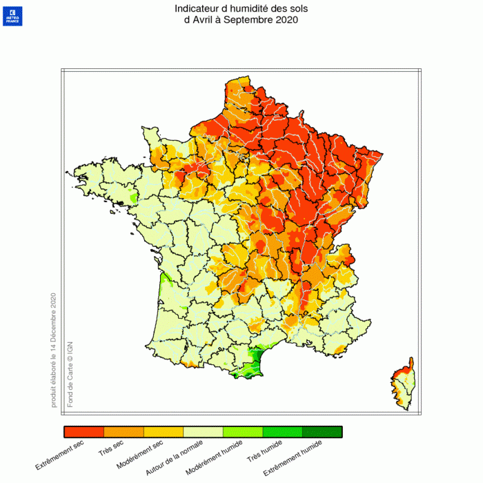 Indicateur d'humidité des sols en métropole d'avril à septembre 2020 - © Météo-France