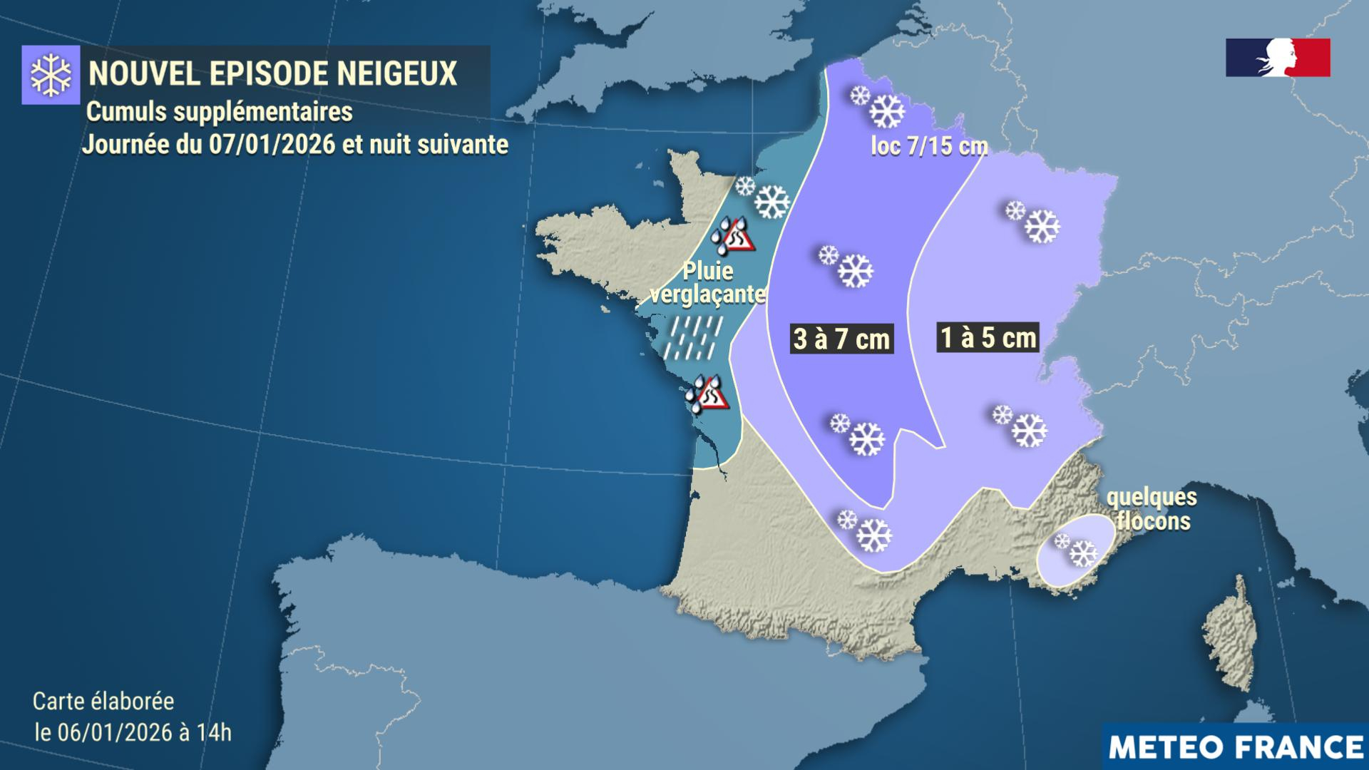 Episode neigeux : cumuls supplémentaires prévus le 7 janvier 2026. 