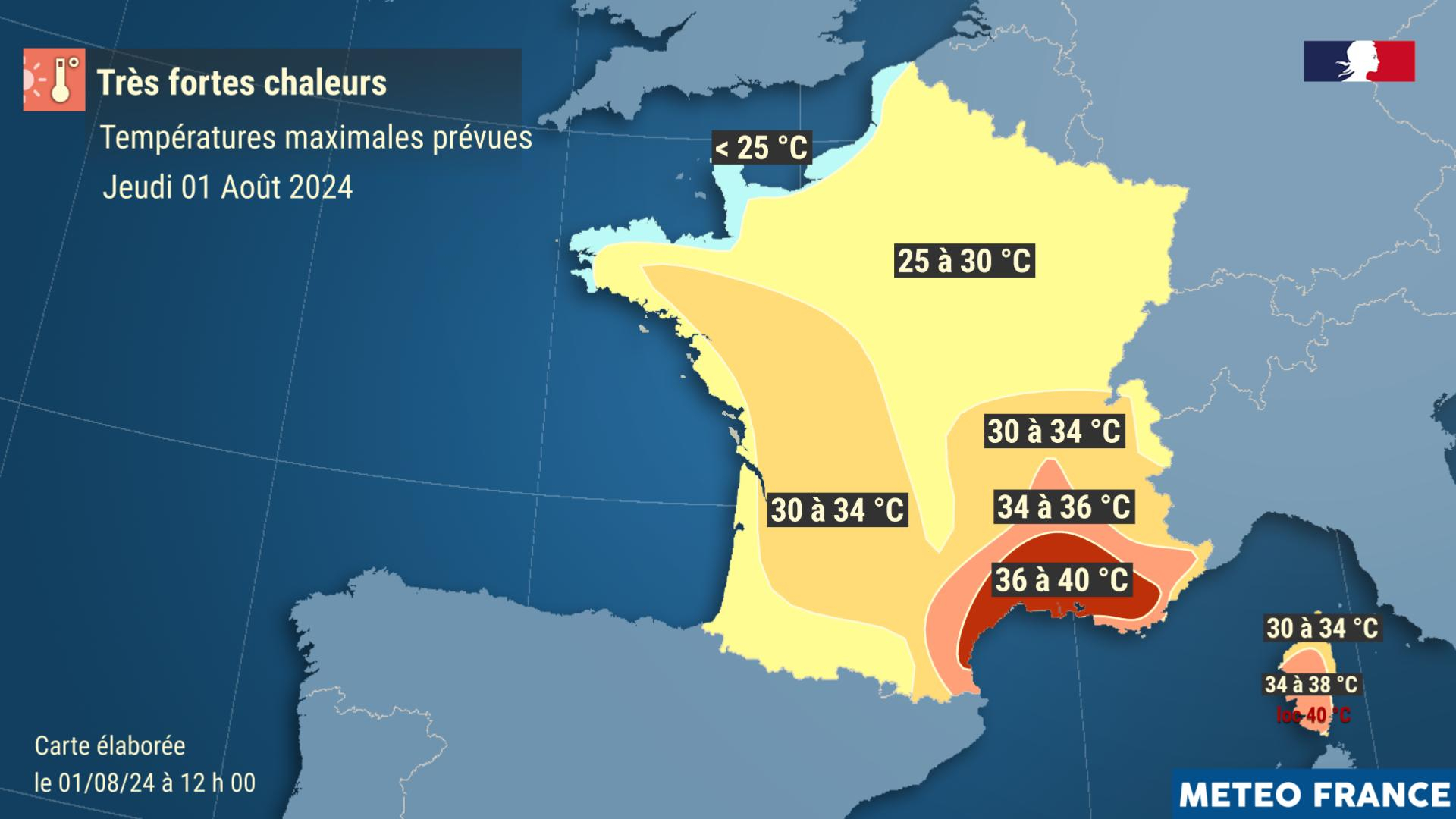 Températures maximales prévues le jeudi 1er août 2024. © Météo-France