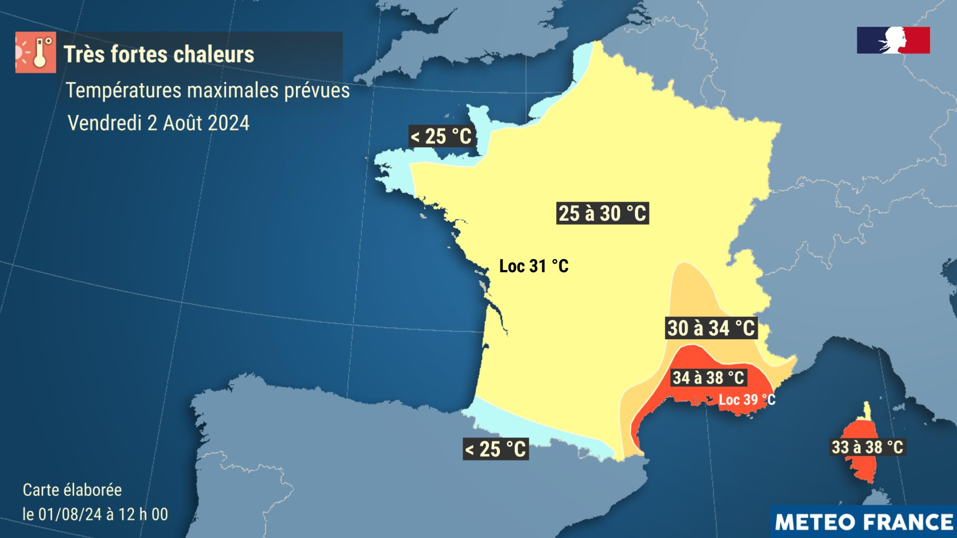 Températures maximales prévues le vendredi 2 août 2024. © Météo-France